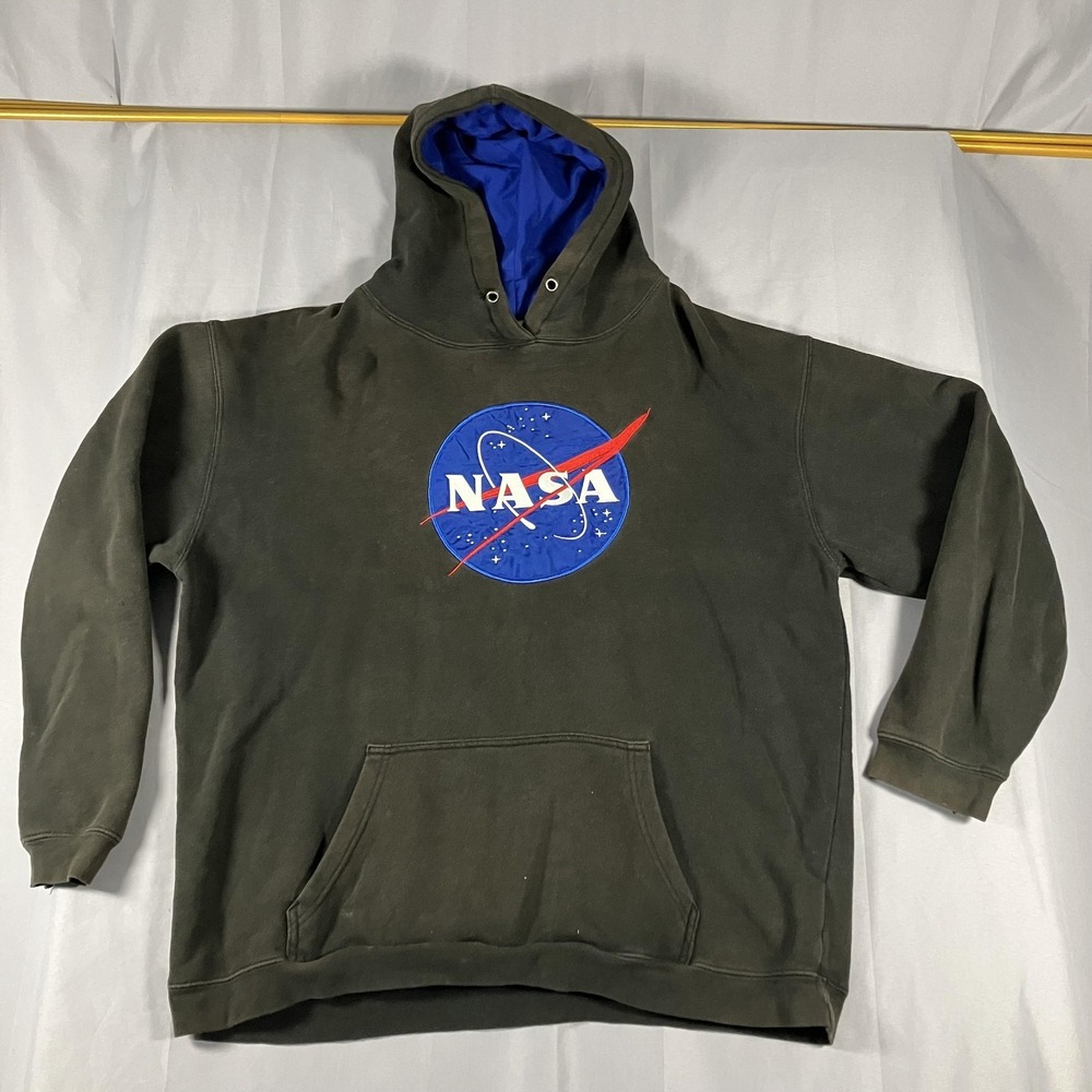 NASA Hoodie Sweatshirt Mens‎ Large Black Blue Logo Pullover Embroidered Patch
